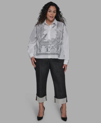 Plus Size Paris-Print Button-Front Blouse