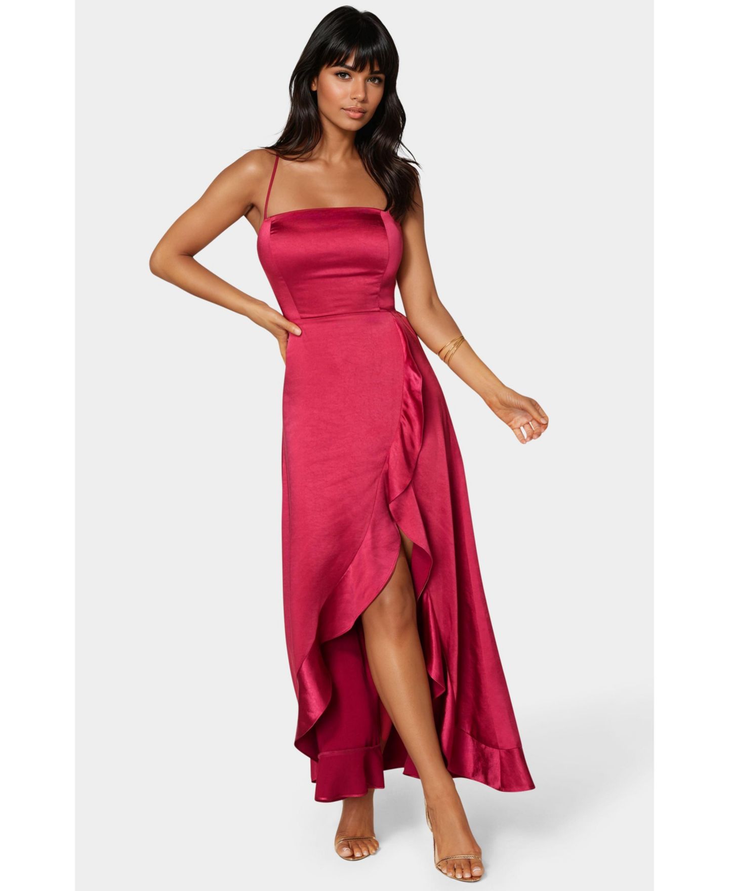 Bebe Women's Satin Ruffle Maxi Lace Up Back, цвет: Малиновый — фото 1