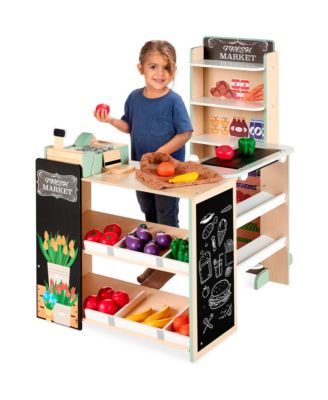 Kids Pretend Play Grocery Store Wooden Supermarket Set w/ Chalkboard, Cash Register