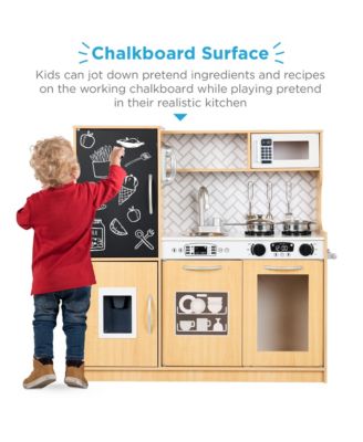 Pretend Play Kitchen Wooden Toy Set for Kids w/ Telephone, Utensils, Oven, Microwave