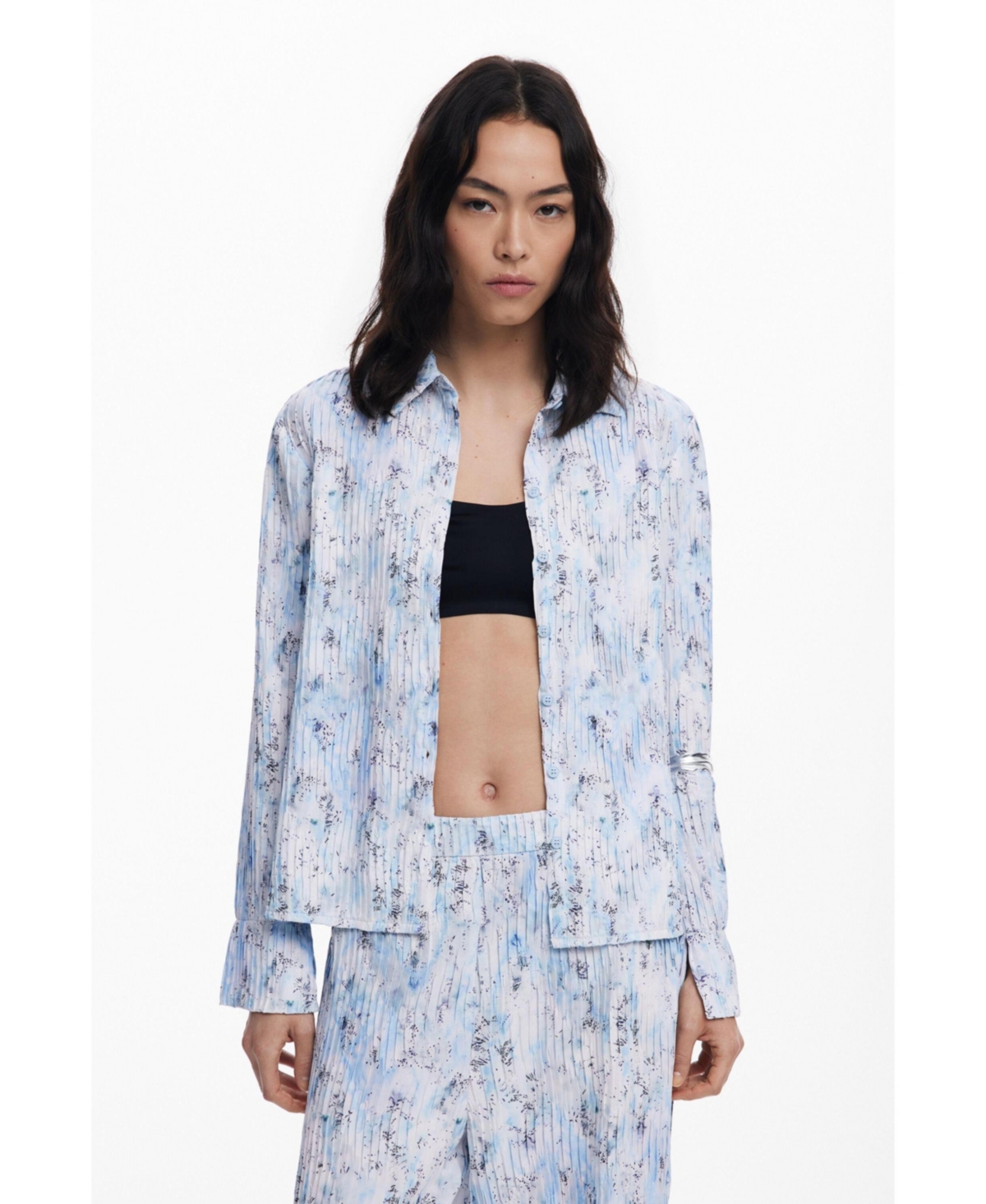 Desigual Women's Pleated Stretch Shirt In Blue
