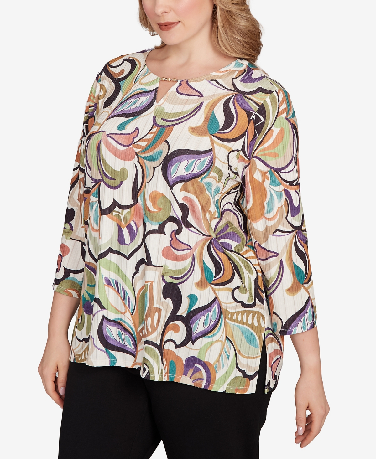 Alfred Dunner Plus Size Classic Abstract Scroll Split Neck Top In Neutral