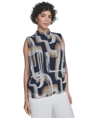 Calvin Klein - Women's Printed Mock-Neck Sleeveless Blouse