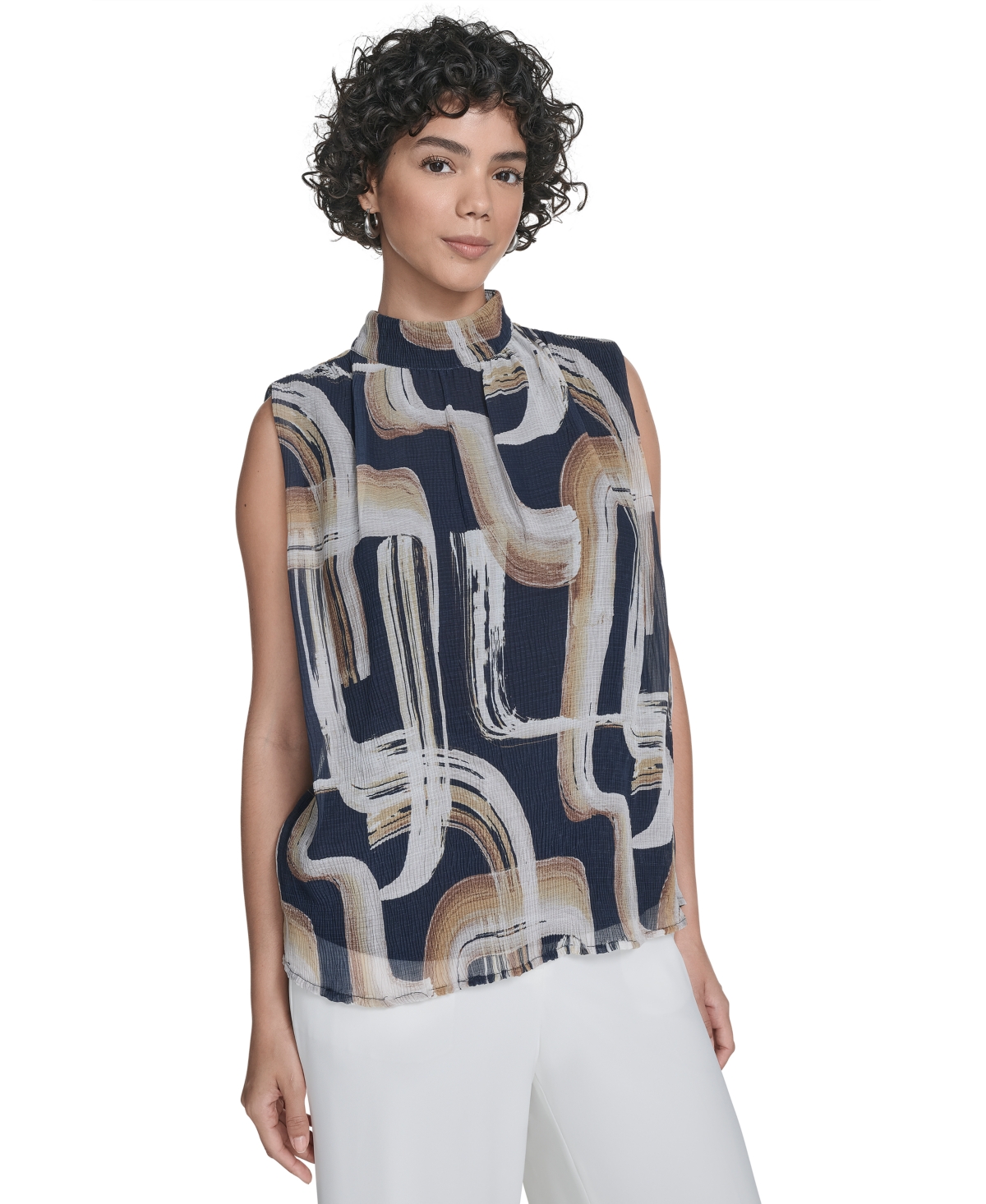 Calvin Klein Women's Printed Mock-neck Sleeveless Blouse In Multi