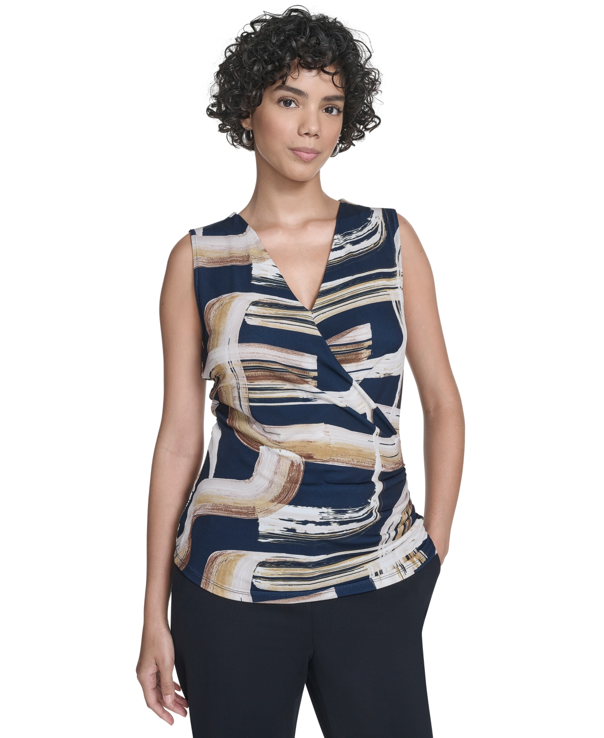 Calvin Klein Women's Printed Surplice-neck Ruched Blouse In Blue
