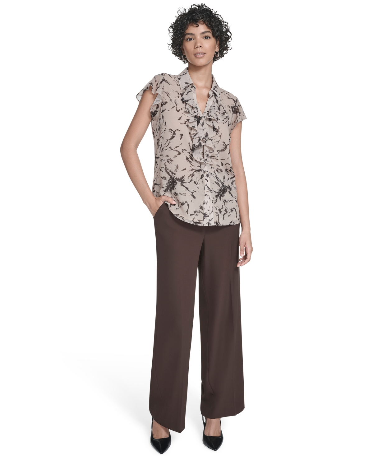 Calvin Klein Women's Printed Flutter-sleeve Ruffle Blouse