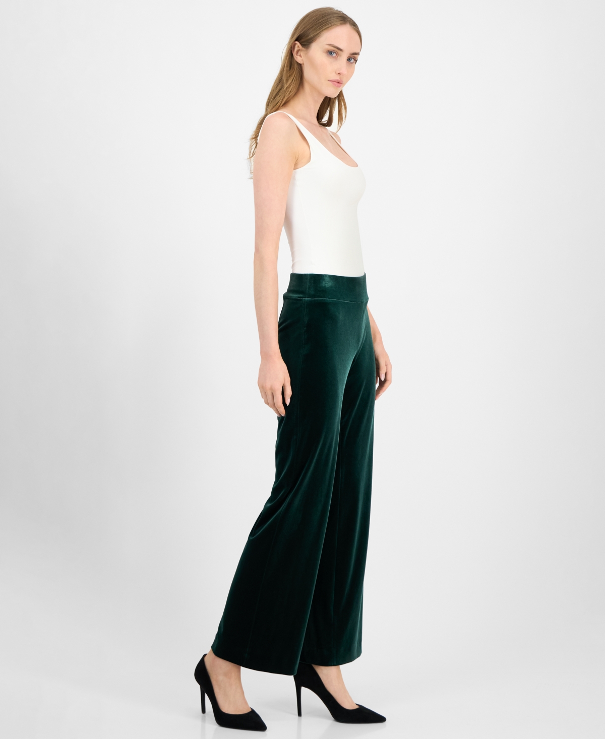 Anne Klein Women's Velvet High-rise Pull-on Wide-leg Pants In Green