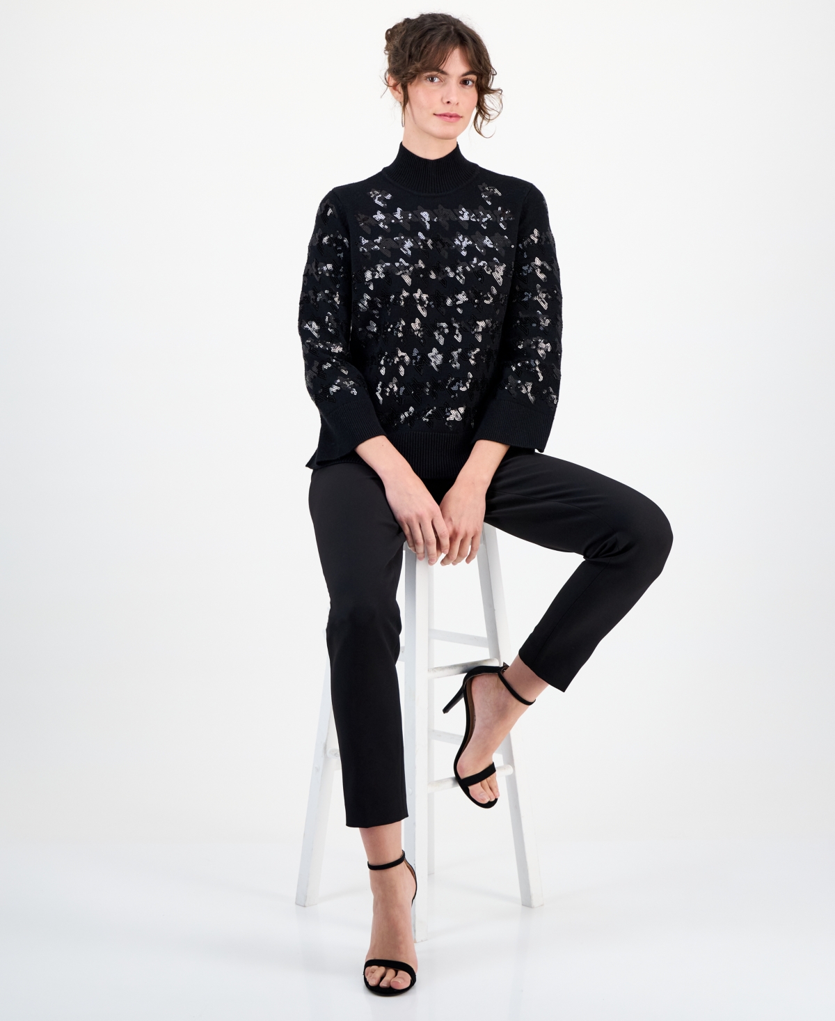 Anne Klein Women's Houndstooth Sequin Mock-Neck Sweater