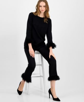 Petite Feather-Trim Kick-Flare Pants