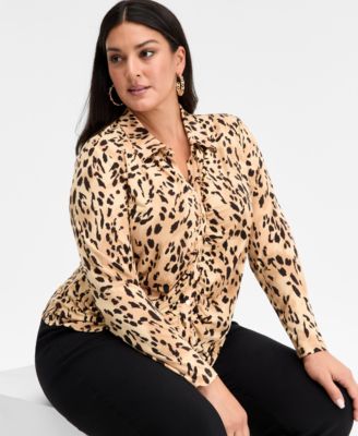 Plus Size Printed Gathered Collared Shirt, Macy's Exclusive