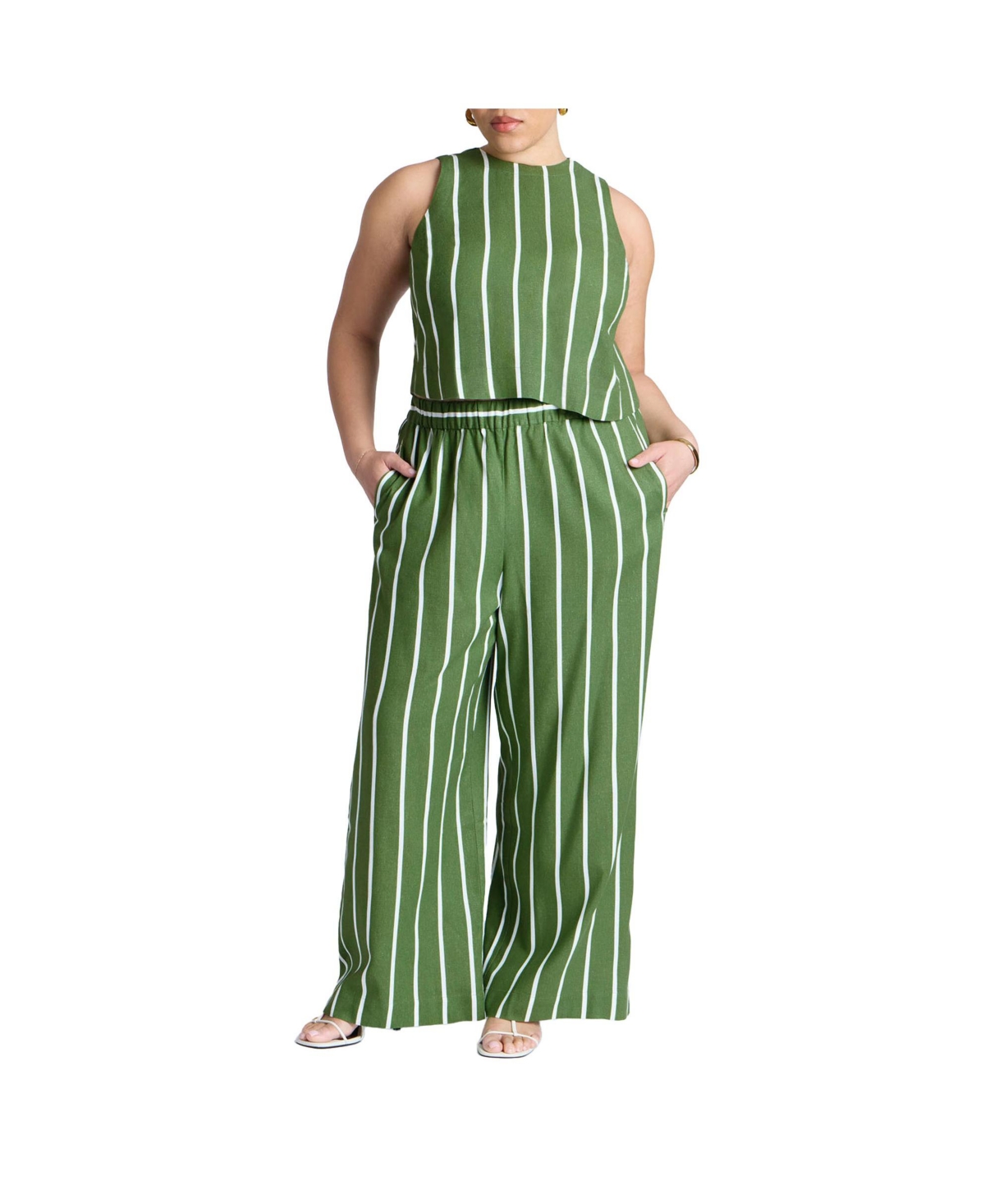 Women's Wide Leg Striped Linen Blend Pant - Willow bough stripe