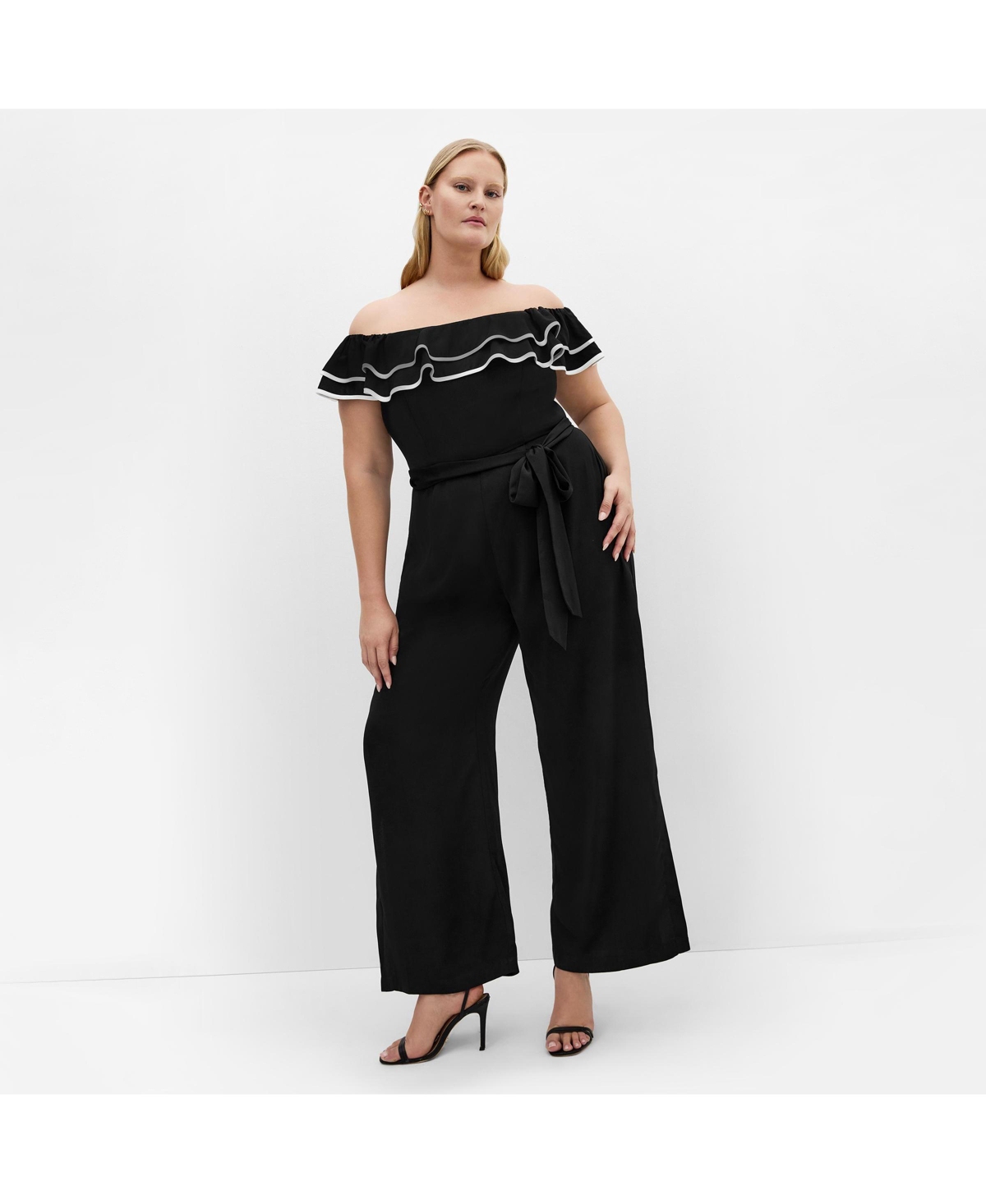 Women's Demure Off Shoulder Frill Jumpsuit - Black