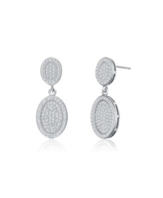 Sterling Silver White Gold Plating with Clear Cubic Zirconia Oval Drop Earrings