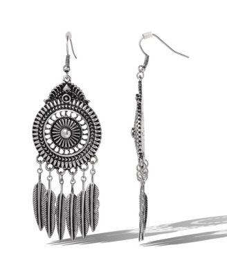 Boho Feather Statement Drop Earrings in Antique Silver