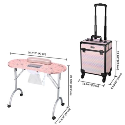 Folding Manicure Table & Rolling Makeup Train Case Blush ForgetMeNot
