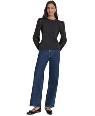 Women's Lace Puff-Sleeve Crewneck Top