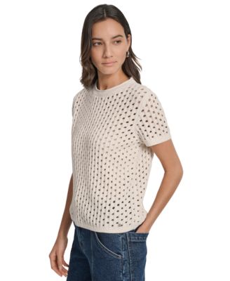 Women's Open Stitch Crewneck Short-Sleeve Sweater