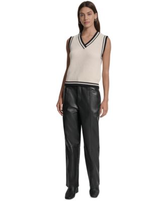 Women's Contrast Trim Cotton V-Neck Sleeveless Sweater