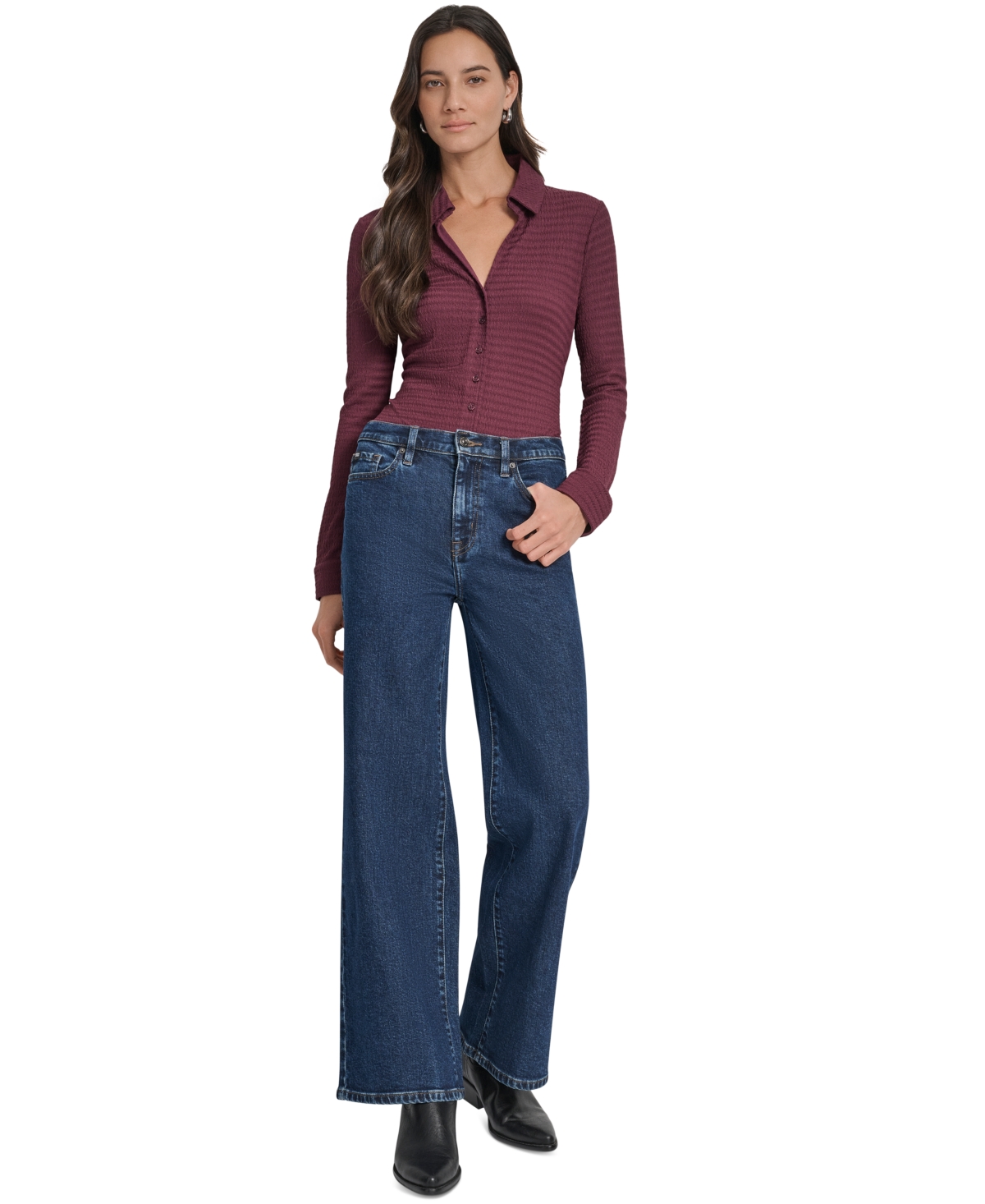 Dkny Jeans Women's Textured Collared Button-front Blouse In Blue