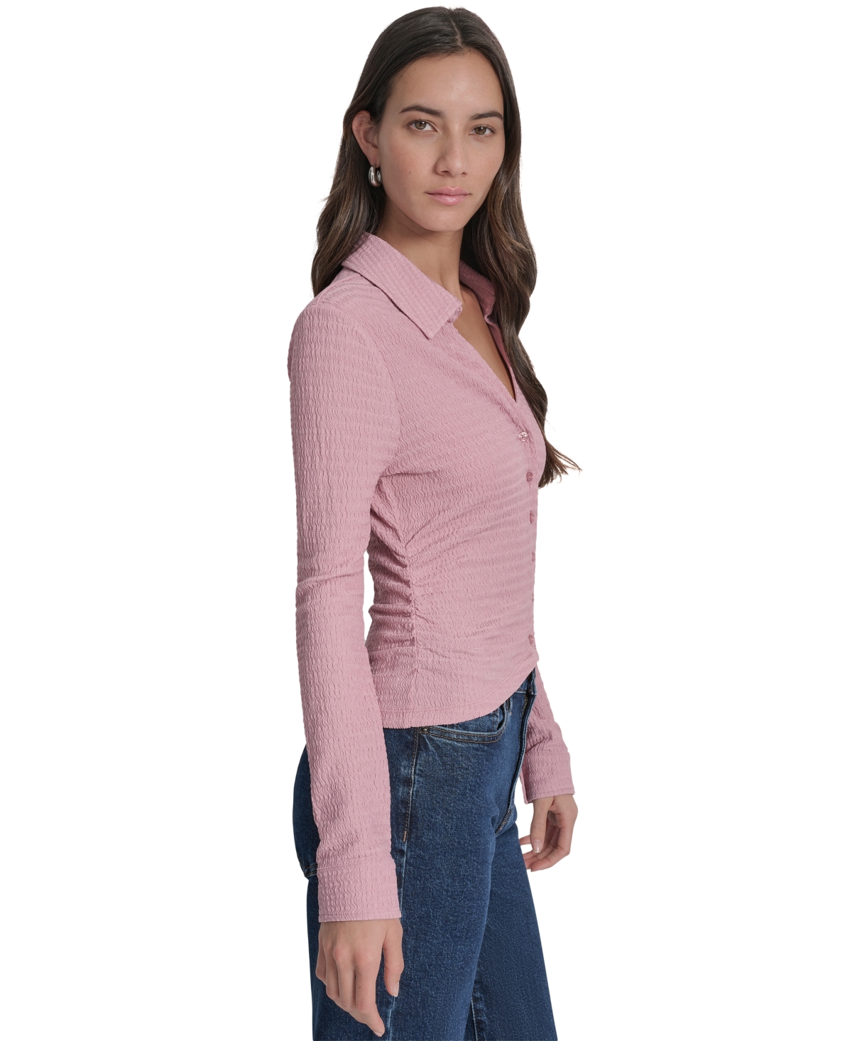 Dkny Jeans Women's Textured Collared Button-front Blouse In Pink