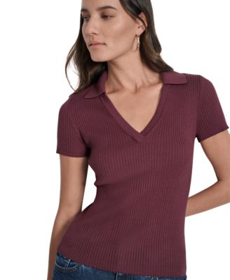 Womens Ribbed V-Neck Polo Sweater
