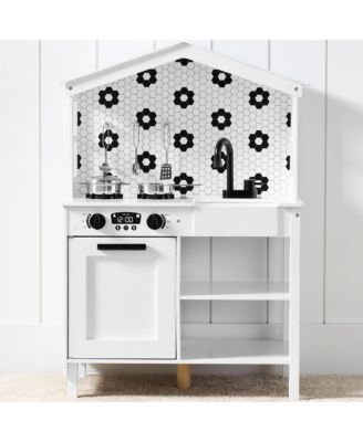 Pretend Play Wooden Farmhouse Kitchen Set w/ Storage, Clicking Knobs, 5 Accessories