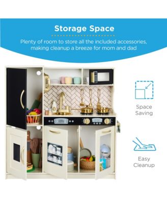 Pretend Play Kitchen Wooden Toy Set for Kids w/ Telephone, Utensils, Oven, Microwave