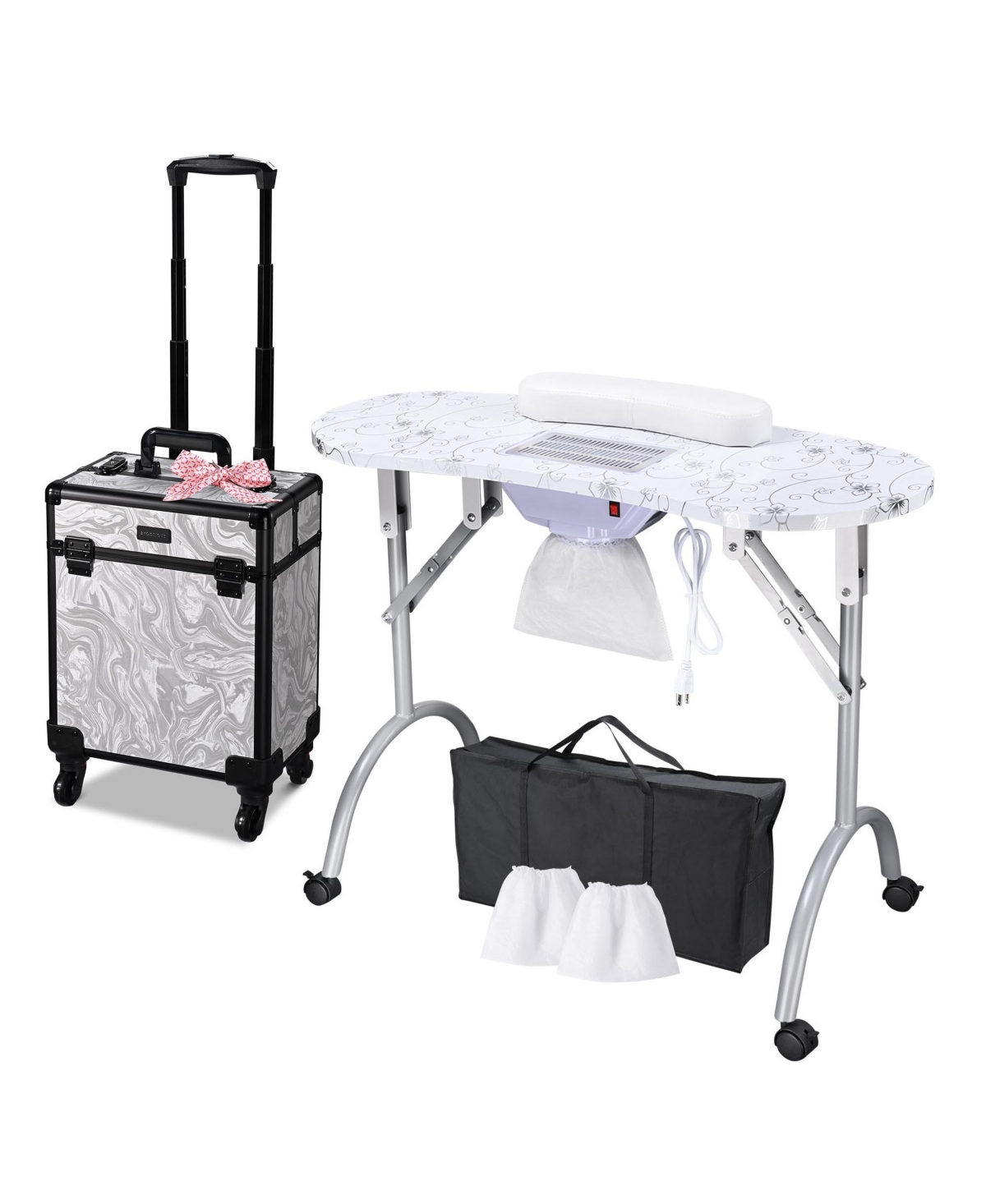 Folding Manicure Nail Table & Rolling Makeup Train Case Cb Graystone - White