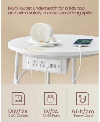 Round End Table with Basket and Outlets, Matte White & Caramel Brown