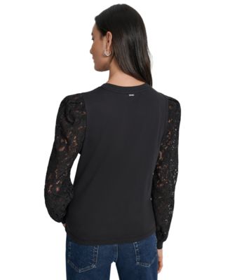 Women's Lace Puff-Sleeve Crewneck Top