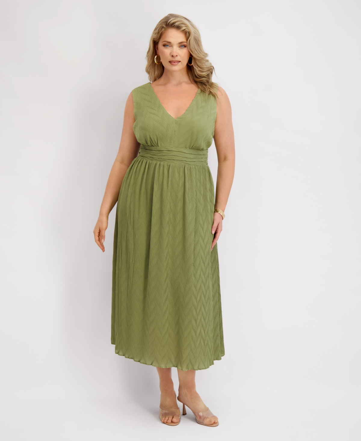 Siena Plus Size V-neck Pleated Chiffon Midi Dress In Pink