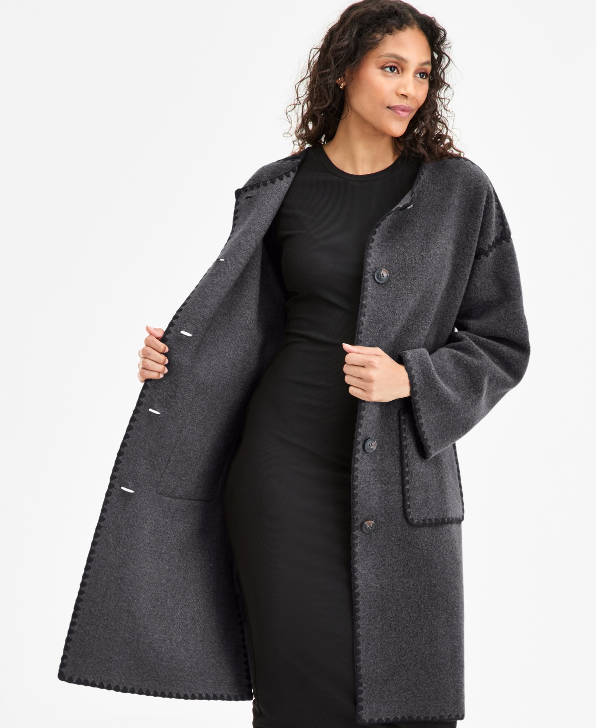 Bcbgmaxazria Petite Button-front Scarf Coat In Gray