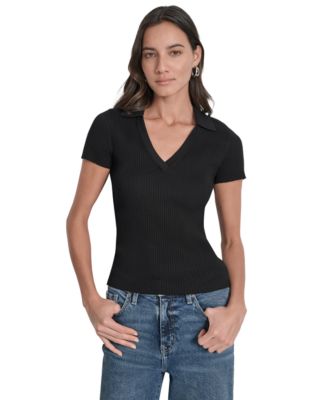 DKNY Jeans - Womens Ribbed V-Neck Polo Sweater