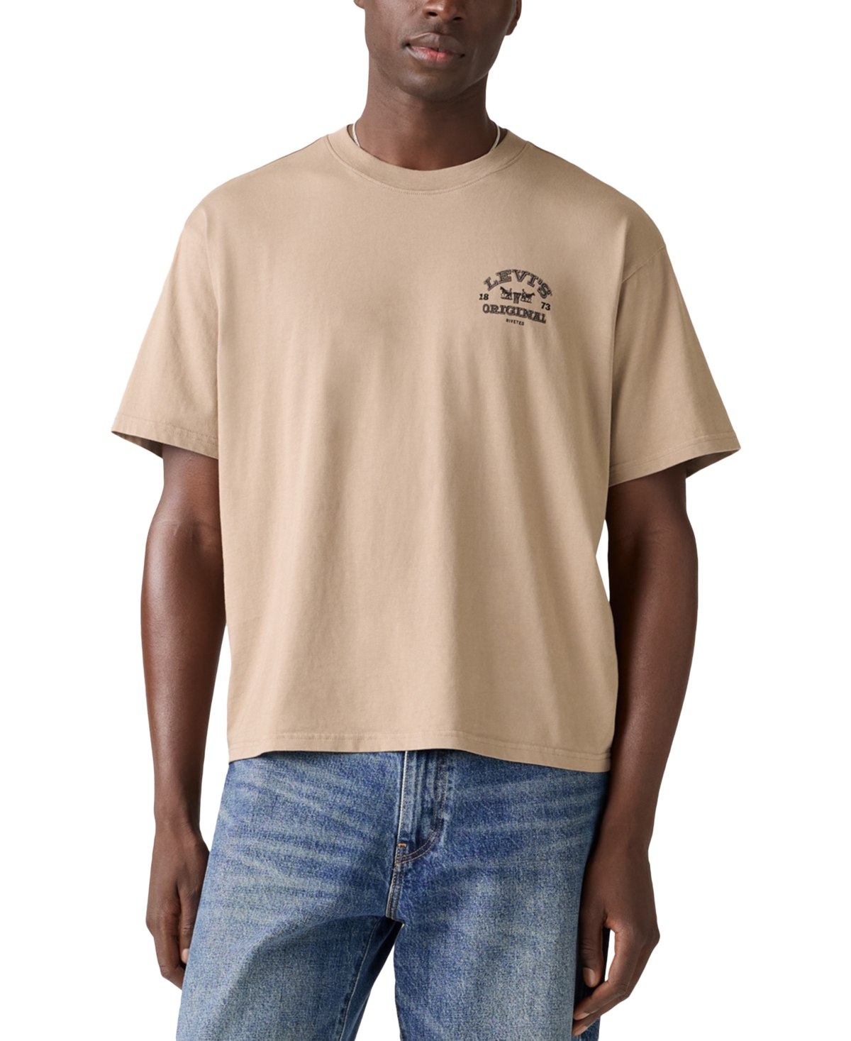 Men's Relaxed Fit Cropped Short Sleeve Crewneck Logo T-Shirt - Beige/Black
