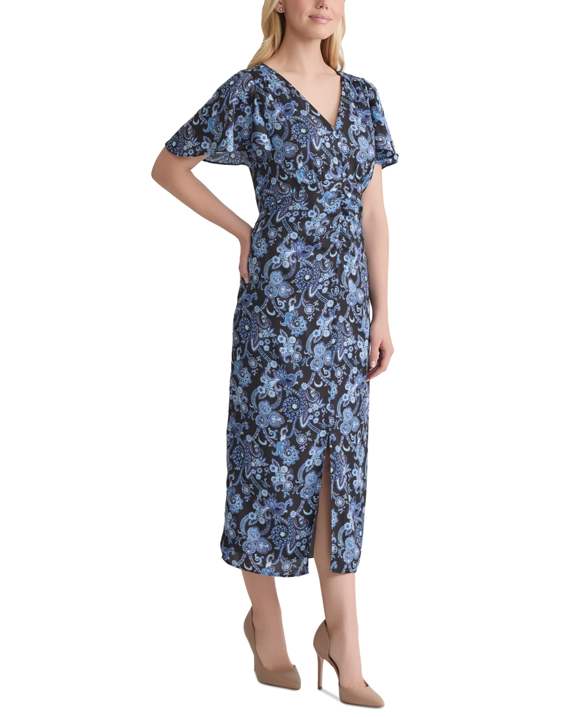 Jones New York Petite Printed Flutter-sleeve Shirred Dress In Blue