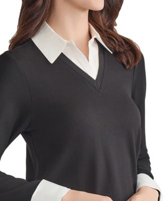Petite V-Neck Long-Sleeve Two-Fer Pullover