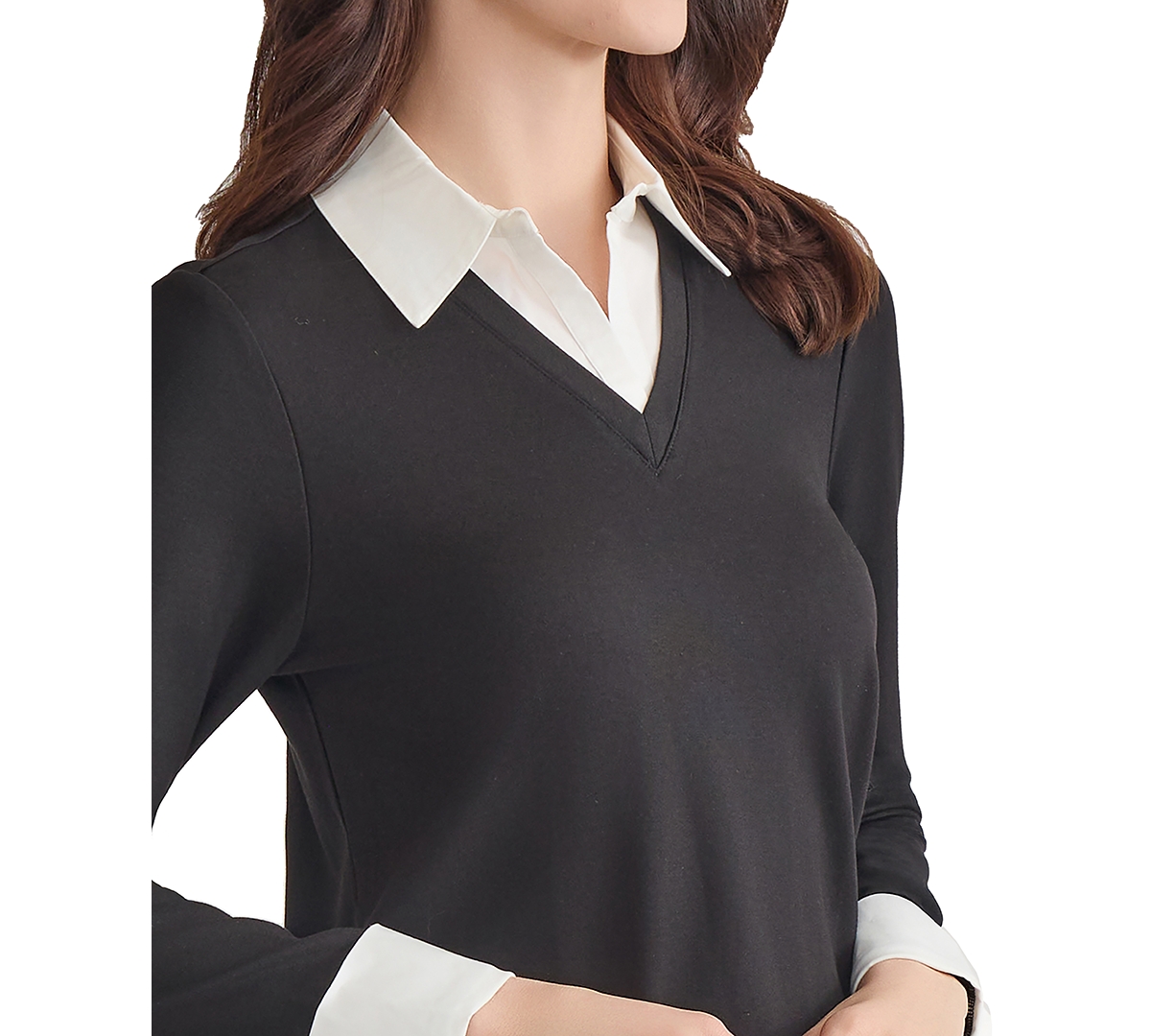 Jones New York Petite V-neck Long-sleeve Two-fer Pullover In Black