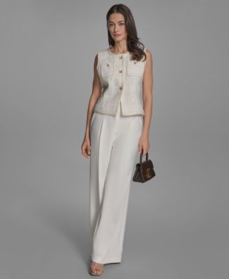 Bcbg Womens Textured Crewneck Button Front Vest Pleated Wide Leg Pants In Neutral