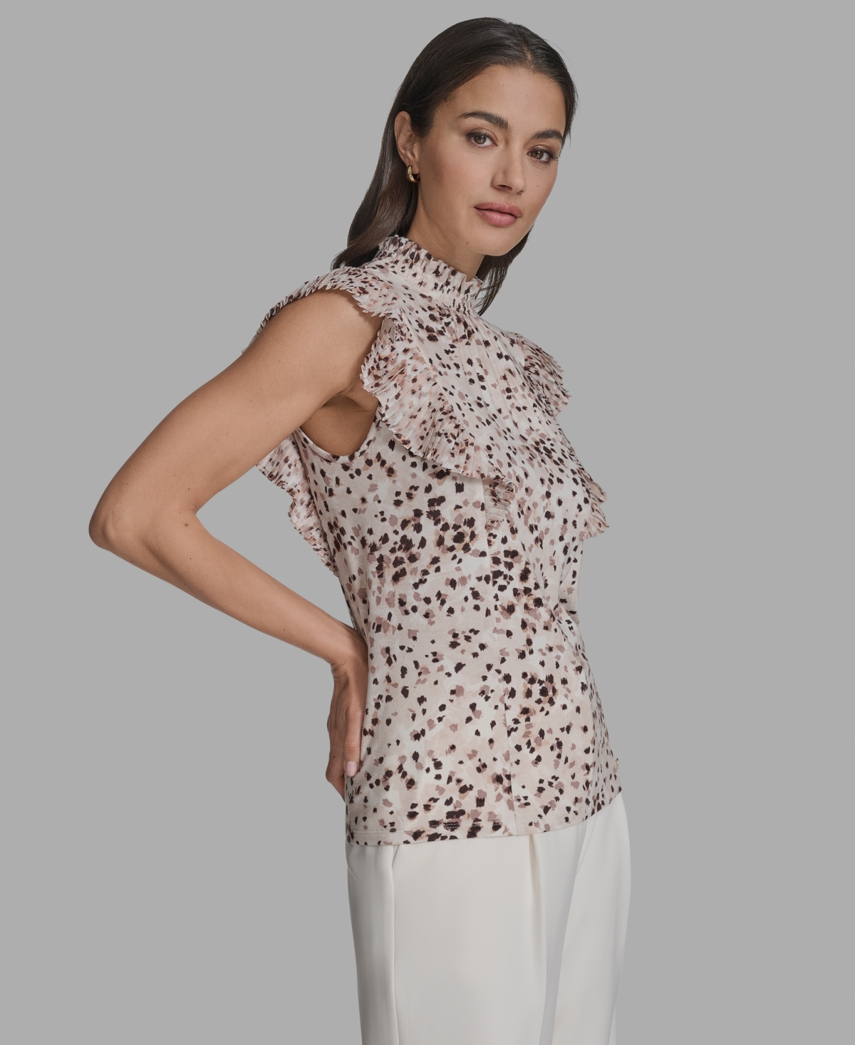 Bcbg Women's Printed Mock Neck Knit Flutter-sleeve Top In Neutral