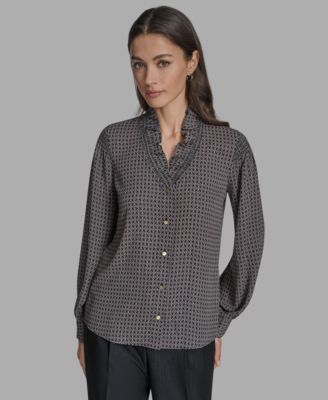 BCBG - Women's Printed Ruffled V-Neck Blouse