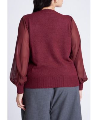 Women's Plus Size Sheer Sleeve V-Neck Sweater