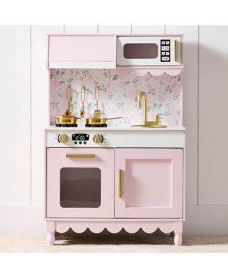 Wooden Cottage Kids Pretend Play Kitchen with 5 Accessories and Toy Storage