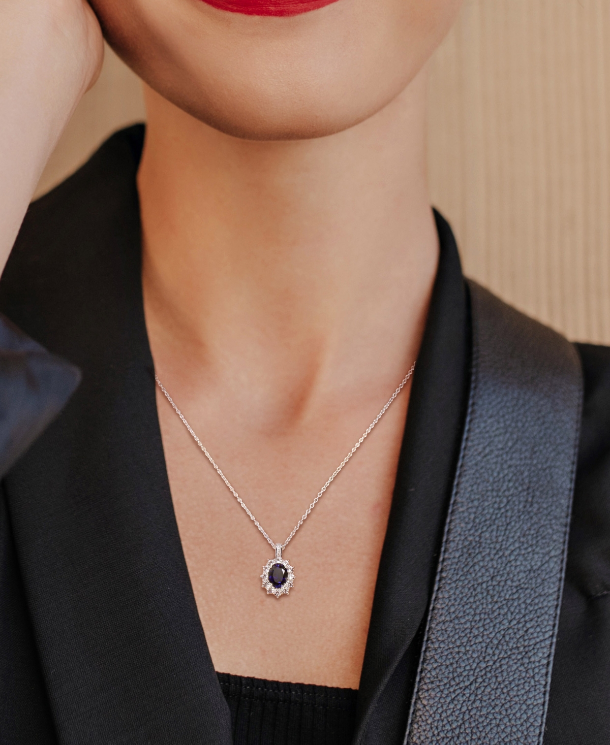 Macy's Gemstone & Diamond Accent Halo 18" Pendant Necklace In Sterling Silver In Blue