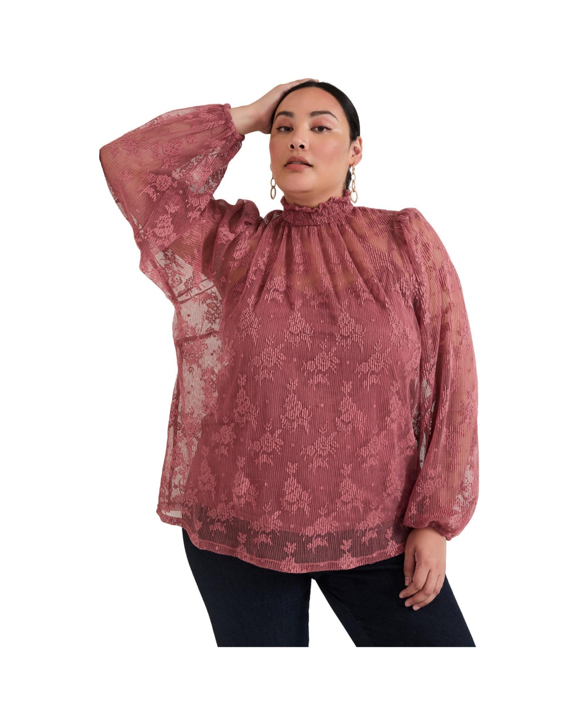 Women's Plus Size Smocked Mockneck Blouse - Withered rose