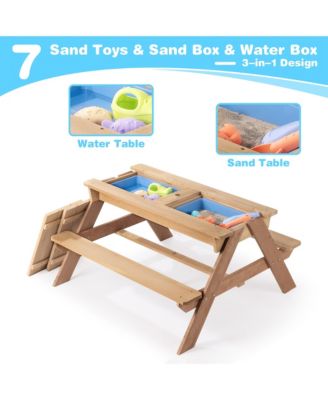 3-in-1 Kids Outdoor Wooden Picnic Table With Umbrella, Convertible Sand & Wate
