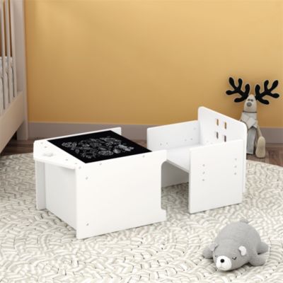 Wooden Toddler Table and Chair Set Kids Activity Table Step Stools with Blackboard & 3 Heights Adjustable