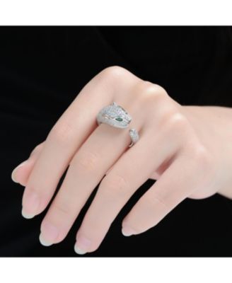 Panther Head with Green & Clear Cubic Zirconia Open Band Ring