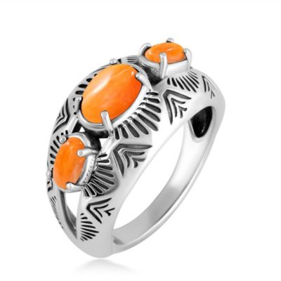 Sterling Silver Orange Spiny Oyster 3-Stone Oval Band Ring, Size 10