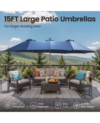 15ft Solar Umbrella Smart LED Lighted Patio Umbrella,12 Heavy Duty Ribs Large Outdoor Double Sided Rectangle Umbrella with Light Modes and Base