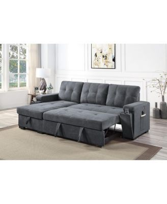 95"W Gray Woven Fabric Reversible Sleeper Sectional Sofa with Storage Chaise Cup Holder Charging Ports and Pockets